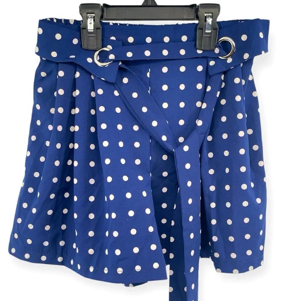 Zara Navy Blue Polka Dot Skort Size M – Pleated Front, Tie Belt, Lightweight